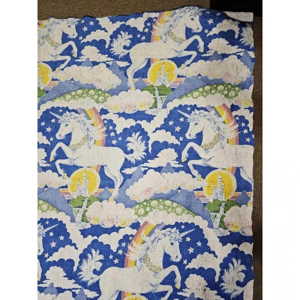 Vintage Unicorn Blanket‎ Fabric 84x74 Blue Rainbow Castle Fantasy Retro
